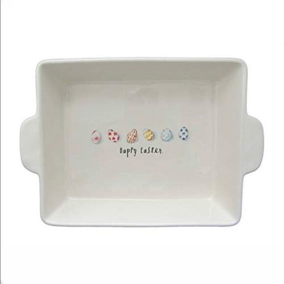 New GOWA Rae Dunn HAPPY EASTER Baking Dish Colorful Eggs Artisan Collection